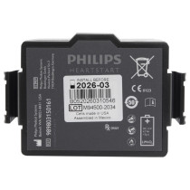 Front view of the philips heartstart fr3 battery showing labels and safety symbols