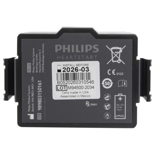 Front view of the philips heartstart fr3 battery showing labels and safety symbols