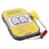 Angled view of the Philips HeartStart FRx defibrillator training pads II cartridge with yellow case and instructional illustrations