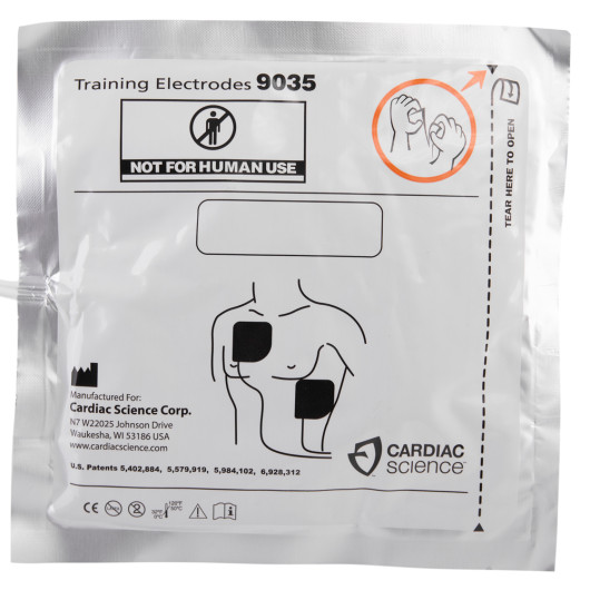 Cardiac Science Powerheart G3 adult training electrode pads shown in sealed pack with usage diagram on front