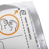 Close up corner of cardiac science powerheart g3 defibrillator adult training pads packaging with tear here to open instructions