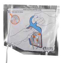 Cardiac science powerheart g5 adult defibrillator pads shown inside a sealed pack with illustrated opening instructions