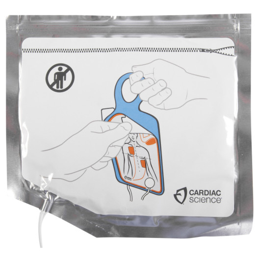 Cardiac Science Powerheart G5 defibrillator adult training pads packet front showing hands holding illustrated instructions