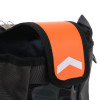 Closeup detail of the bright orange flap on the cardiac science powerheart g5 carry sleeve with black edging and strap