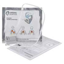 Cardiac Science Powerheart G5 paediatric defibrillator pads showing package with illustrated placement instructions and cable attached