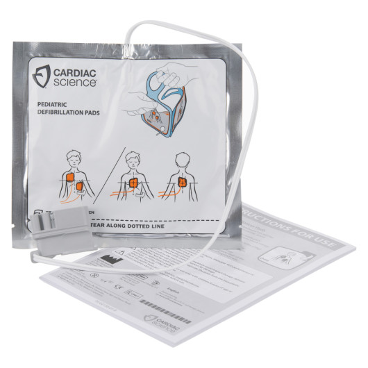 Cardiac Science Powerheart G5 paediatric defibrillator pads showing package with illustrated placement instructions and cable attached