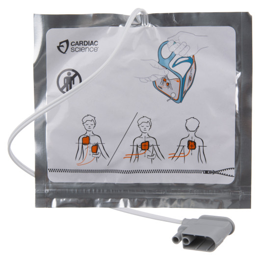 Cardiac Science Powerheart G5 defibrillator paediatric training pads with instructional diagrams on a sealed package front