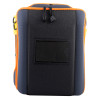 Back view of cardiac science powerheart g5 premium carry case showing black and blue fabric with orange trim