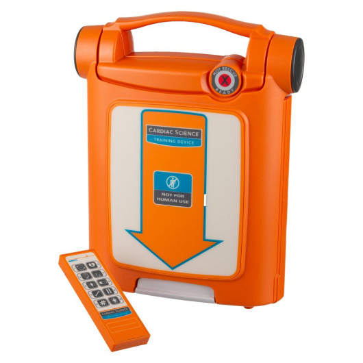 Orange Cardiac Science AED training device marked “Not Rescue Ready,” shown alongside its matching orange remote control.