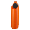 Side profile of a rugged orange protective case with moulded ridges and a black circular latch or hinge.