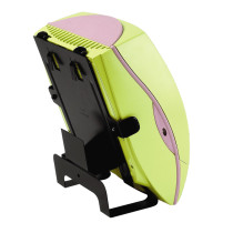 zoll aed bracket with attached aed device shown from an angled side view on a stand