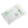 angled view of a disposable heat retaining adult blanket in its sealed packaging showing text and barcode