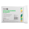 Front view of disposable heat retaining adult blanket in its original sealed packaging with product details visible