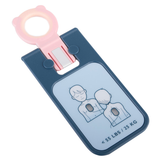 angled view of a philips heartstart frx defibrillator infant child key showing printed instructions on the front