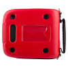 Back view of a red philips heartstart frx defibrillator carry case showing handle and fastening details
