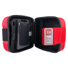 Open philips heartstart frx defibrillator carry case showing inner compartments with call 911 label on strap