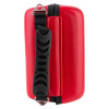 Red philips heartstart frx defibrillator carry case shown from the side with black strap and handle attached