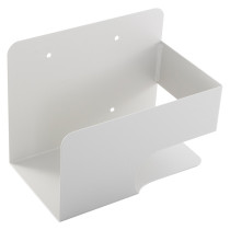 angled view of a white philips heartstart defibrillator wall mount bracket showing its open holder and mounting holes