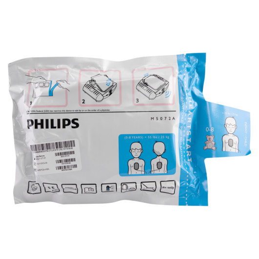 Philips HeartStart HS1 Infant Child smart pads in pack showing packaging with instructions and illustrations for use