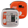 ipad aed front view showing device with labelled buttons and icons and an orange case in the background