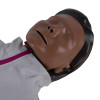 Close up of the face of the laerdal little anne training manikin with bag dark skin showing closed eyes and lips
