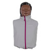 laerdal little anne training manikin with dark skin tone shown from the front wearing a white zip-up cover with a purple zipper