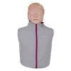 laerdal little anne training manikin with bag light skin shown from the front wearing a grey cover with a purple zipper