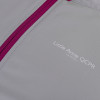 Close up of a light skin Laerdal Little Anne training manikin bag showing a grey jacket with a pink zipper