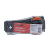 Front view of a tourniquet still in its clear plastic packaging showing emergency use label and part of the strap