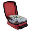 Open tourniquet case showing contents including instructions and bandages inside a red bag with a black handle