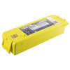 Angled view of the cardiac science powerheart g3 plus intellisense battery showing its yellow casing and labels