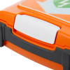 Closeup of the white latch on the cardiac science powerheart g5 semi automatic defibrillator case