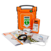 Cardiac Science Powerheart G5 semi automatic defibrillator with orange case and green AED symbol with accessories labeled contents green