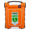 Front view of cardiac science powerheart g5 semi automatic defibrillator in bright orange with green AED heart symbol