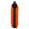 Side view of the cardiac science powerheart g5 semi automatic defibrillator showing its slim orange outer casing and black handle