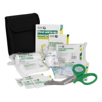 St john personal issue kit showing contents including scissors, dressings, plasters, gloves and a heat retaining blanket