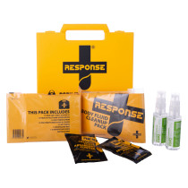 response body fluid disposal kit showing the yellow box and individual contents laid out in front