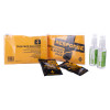 Contents of a response body fluid disposal kit including disposable gloves, absorbent powder sachets, spray bottles, and wipes
