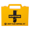 response body fluid disposal kit in yellow plastic case with carry handle and black cross symbol on front