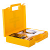 Open yellow case showing contents of response body fluid disposal kit including sealed packets and other items