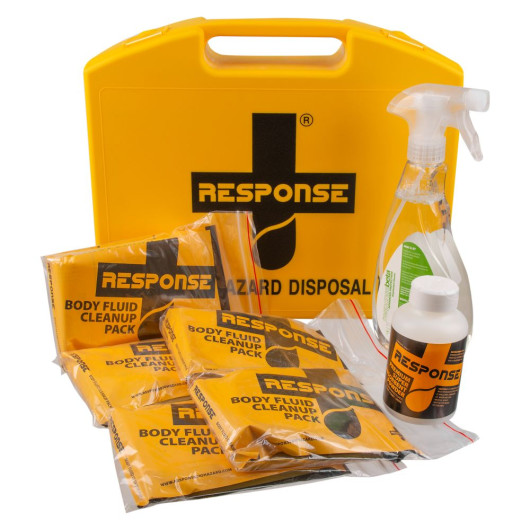 the contents of the spill kit displayed in front of the box