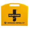 a front straight shot of the bright yellow box with biohazard disposal kit on