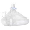 Side view of a clear st john ambulance rescue mask with a transparent valve and white strap