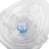 Close up of the St John reusable rescue mask showing clear plastic and blue connector detail