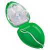 st john reusable rescue mask inside green open case showing side view of mask and attached strap