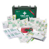 st john ambulance bs8599 1 compliant workplace first aid kit small showing its contents including dressings plasters gloves and scissors