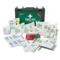 st john ambulance bs8599 1 compliant workplace first aid kit small showing its contents including dressings plasters gloves and scissors