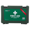 Front view of st john ambulance bs8599 1 compliant workplace first aid kit small with green case and white cross symbol