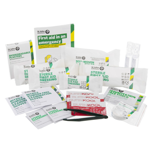 Contents of the St John Ambulance universal refill kit including plasters dressings gloves and other first aid items