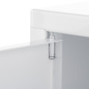 Close‑up of a white metal cabinet hinge showing a vertical pin‑style hinge connecting the door to the frame.